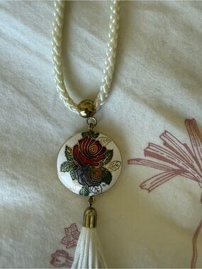 Hand-Painted Rose Pendant Necklace in White with Tassel
